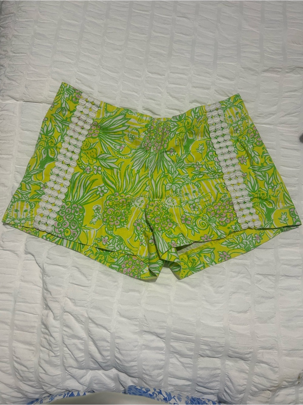 Lilly Pulitzer Yellow-Green Floral High Waist Shorts with White Lace Trim